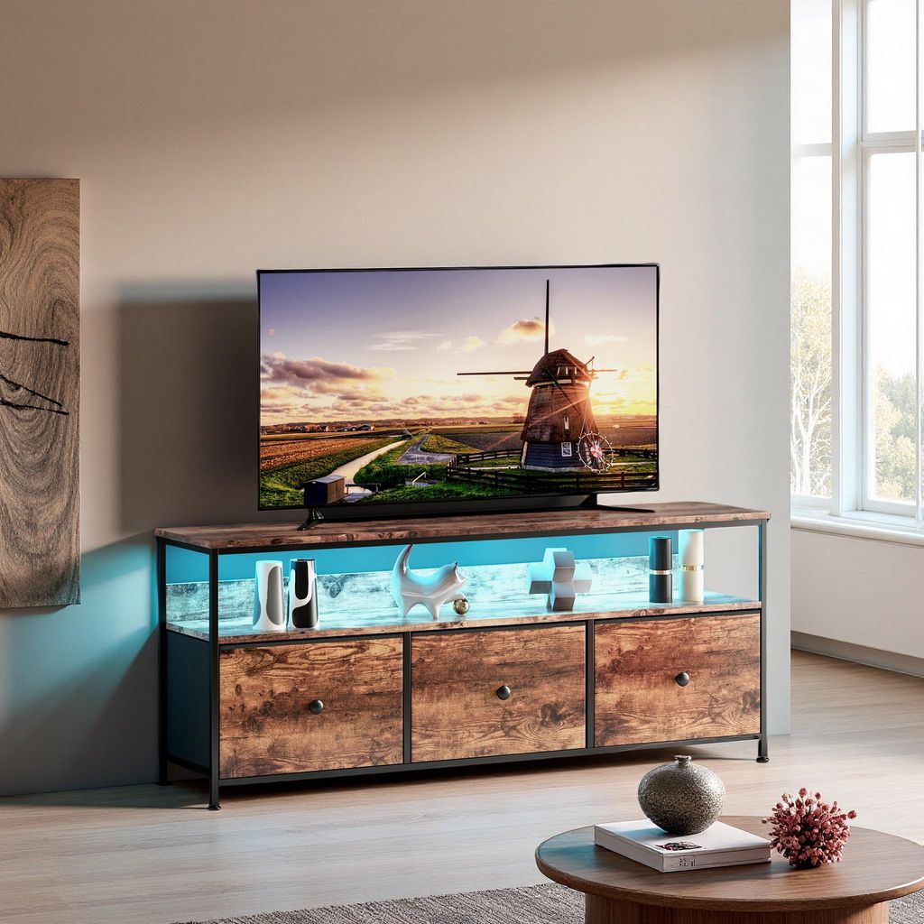 ProximaX TV Lowboard 108 cm mit RGB LED, Fernsehtisch Industrial Stil, TV-Schrank mit 3 Schubladen, klein & platzsparend, Eiche-Optik