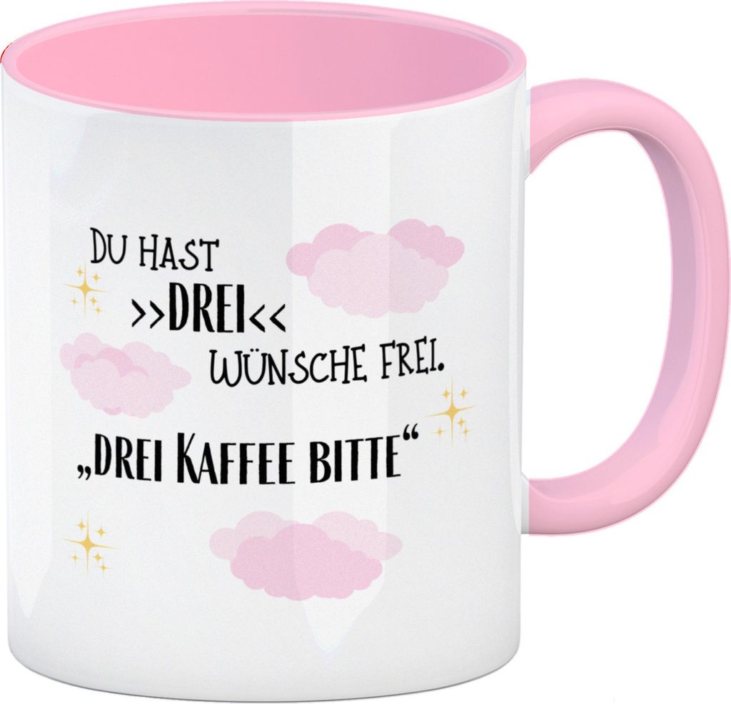 Drei Wünsche Frei Kaffeebecher mit Innenseite und Griff in Rosa