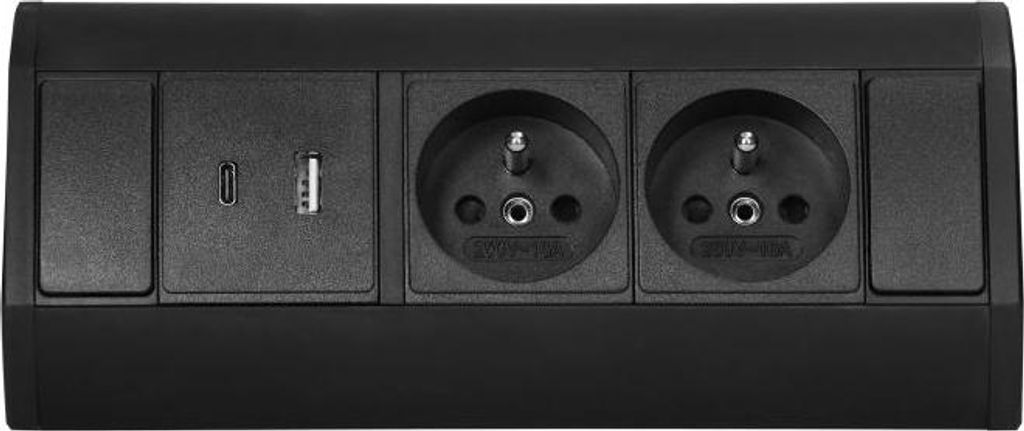 A close-up studio shot of a black power strip with multiple outlets and USB ports.