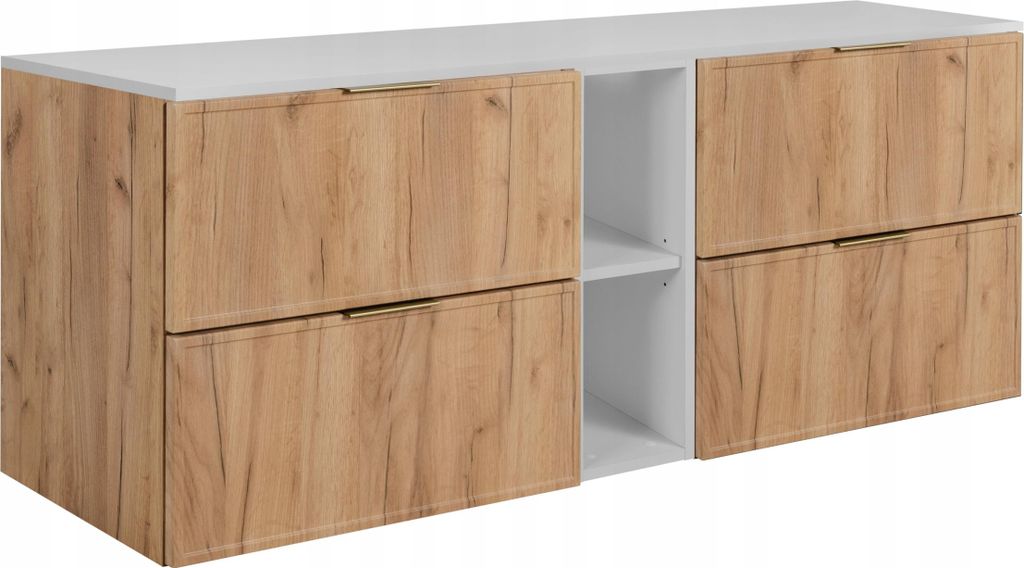 RODAN | Badezimmerschrank - SLIM - 140,6 cm - Braun - 3 Farben von Griffen Enthalten GRATIS - mit weißer Platte und Regal - Hängend