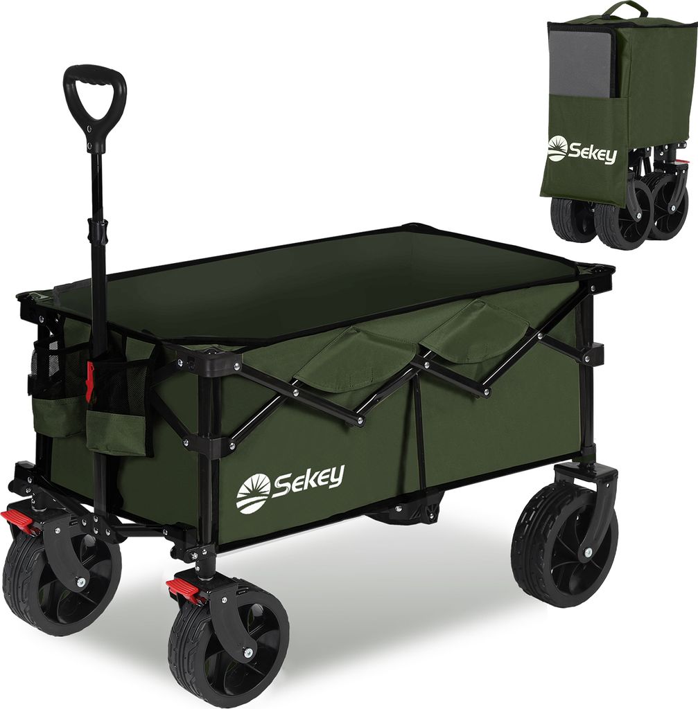 A dark green folding wagon with black wheels and handle is shown on a white background. A smaller image of the wagon in its folded state is in the upper right corner.