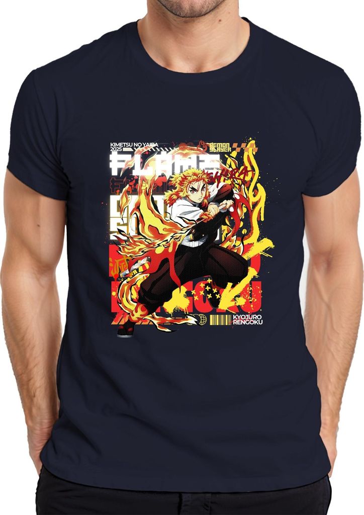 Kyojuro Rengoku Flammen Hashira Kimetsu no Yaiba Anime Geschenk Herren T-Shirt, Navy, L