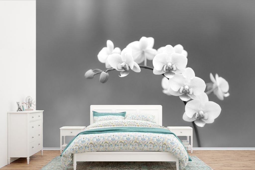 MuchoWow Fototapete für Wohnzimmer oder Schlafzimmer Wandtapete Vinyl Motivtapete Orchidee - Blumen - Pflanze - Weiß - Lila - 450x300 cm - Gemu...