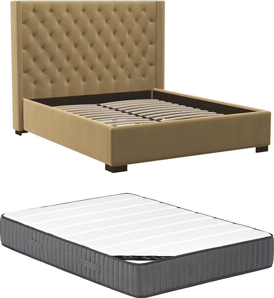 Bett mit gestepptem Kopfteil - 180 × 200 cm - gepolstert - Beige + Matratze - MASSIMO II
