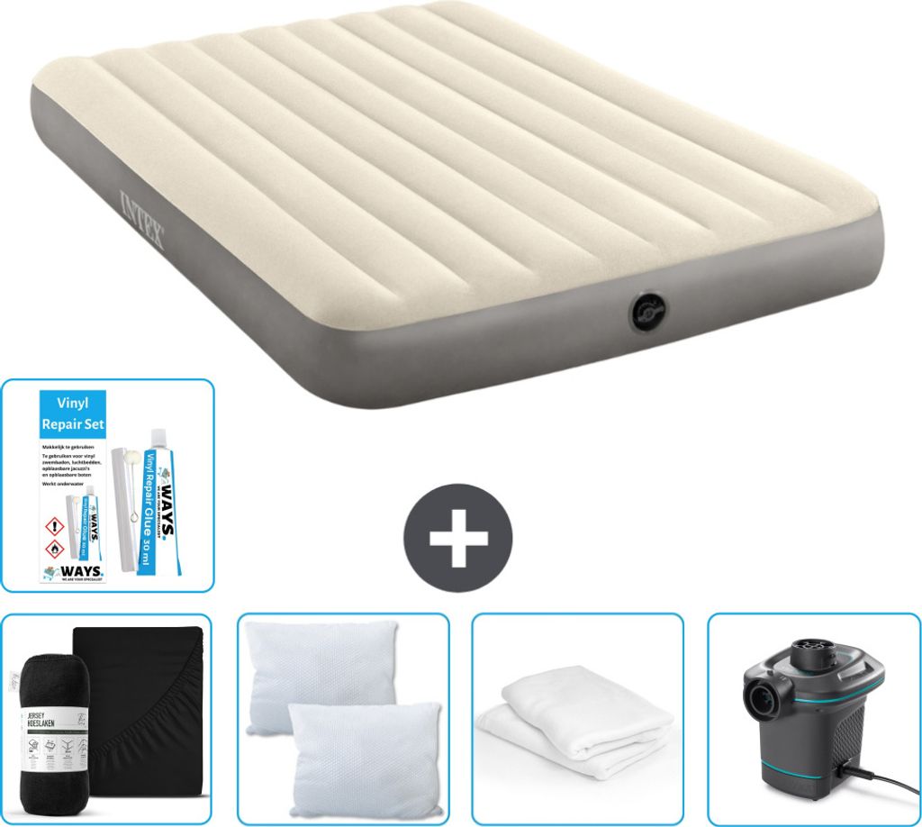 Intex Luftbett – 2 Personen – 152 x 203 x 25 cm – Beige – im Lieferumfang enthalten Spannbettuch - Küssen - Pumpe - Reperaturset en Kissen...