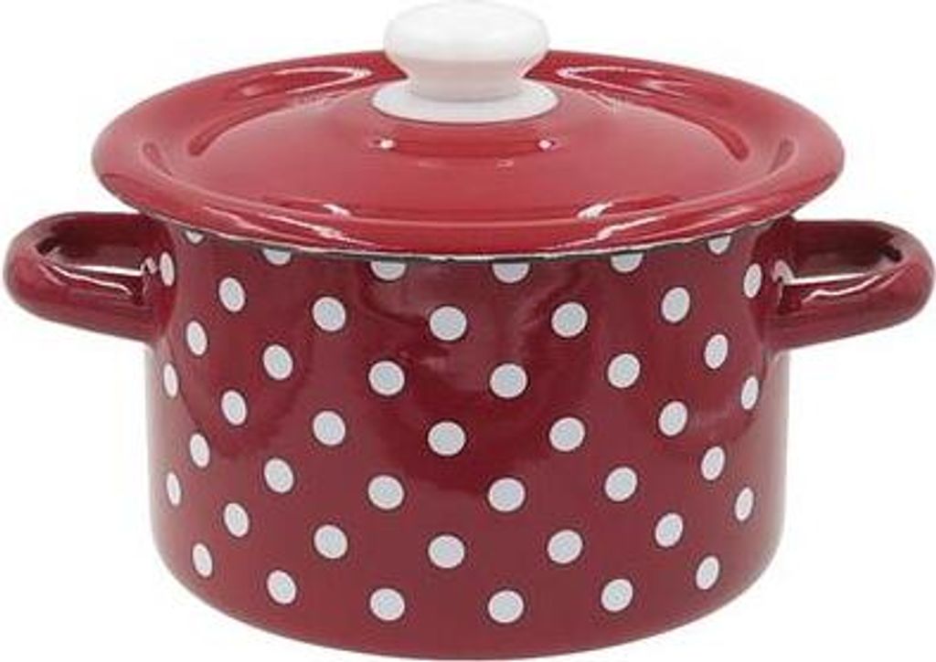 A red polka dot pot with a white lid.