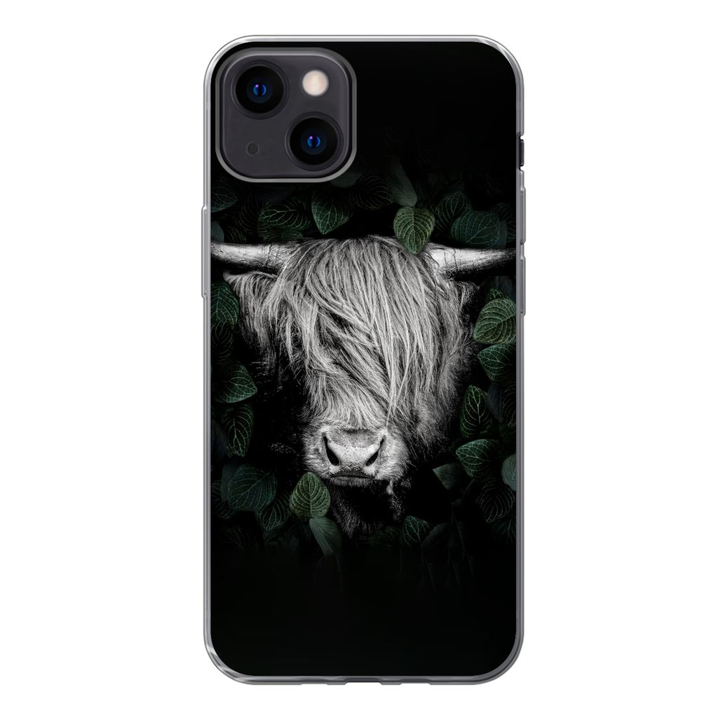 MuchoWow Handyhülle Schutzhülle Hülle für iPhone 13 Schottischer Highlander - Blätter - Porträt Silikon Softcase Handy Hülle - Karteninhaber