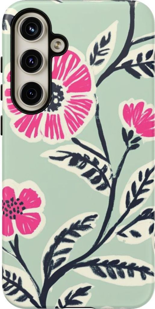 Leuchtendes Blumenmuster in Pink auf mintgrünem Hintergrund – Hülle Kompatibel mit Samsung Galaxy S24 Plus