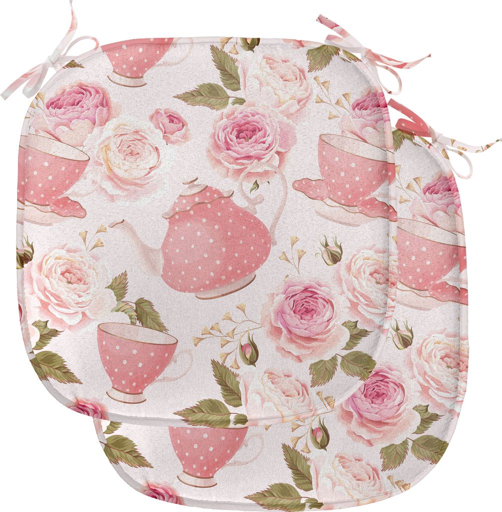ABAKUHAUS Blumen Polster für Esszimmerstühle, Vintage Tea Cups Roses, Dekoratives wasserfestes Kissen mit Riemen für Küchensitze, 40 cm x 40 cm...