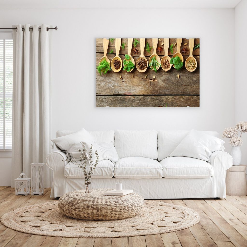 Glasbild Wandbild Kräuter auf Löffel 120x80cm in XXL für Wohnzimmer, Schlafzimmer, Badezimmer, Flur