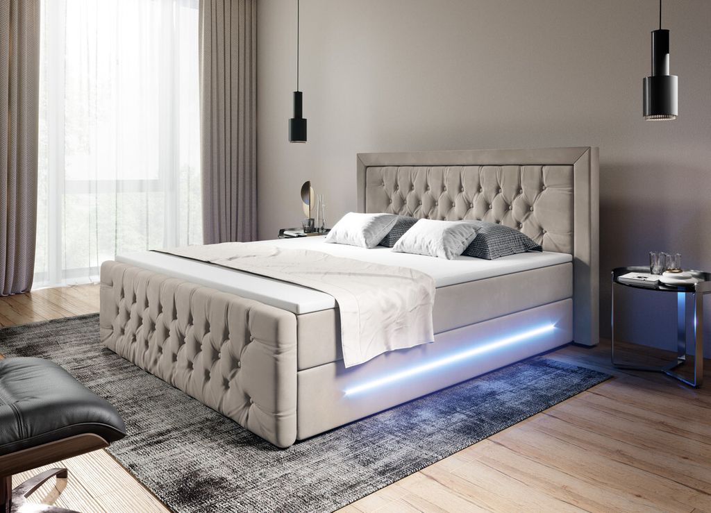 Moebelfest Boxspringbett 180x200 cm mit Blau LED-Beleuchtung: Polsterbett mit 2 Bettkästen, 2 Taschenfederkernmatratzen 7 Zonen, Topper sowie Kopf...
