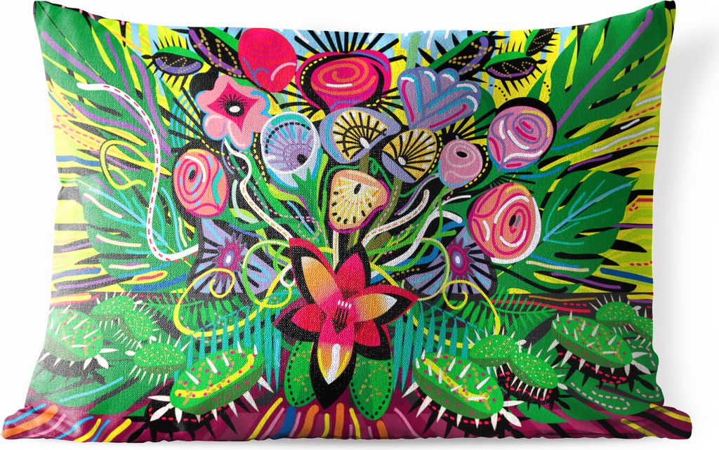 MuchoWow Outdoor Kissen - Illustration eines gemalten Blumenstraußes - 60x40 cm - Wetterfest - Lounge Kissen - Zierkissen - Kissen für Innenräume