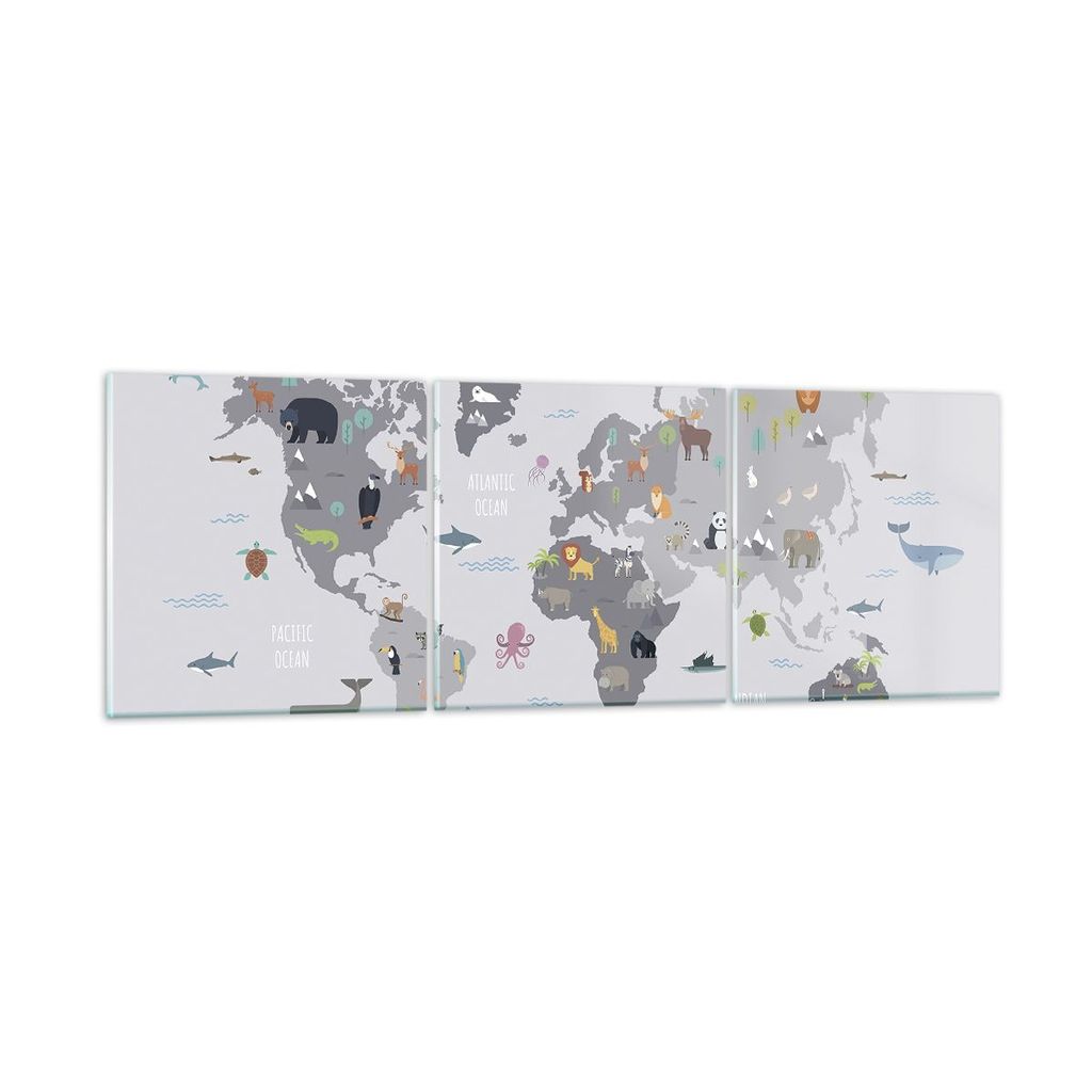 Bilder auf glas - 3 Teile - Karte die Welt Kontinente - 150x50cm - Glasbilder - Wandbilder - Bilder - zum Aufhängen bereit - Wanddekoration aus Gl...