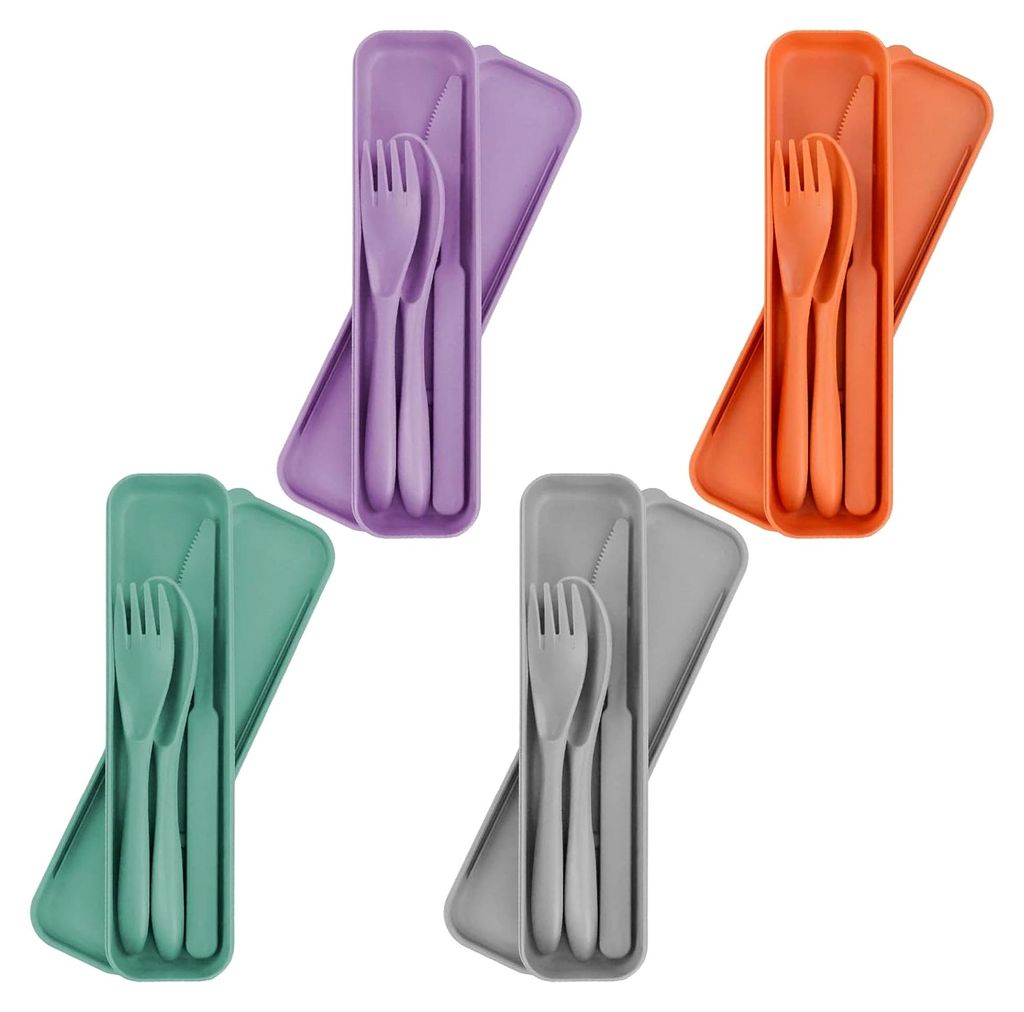 4-teiliges Campingbesteck-Set mit wiederverwendbarer Bestecktasche, bestehend aus Messer, Löffel und Gabel, tragbar für Büro, Schule und Reisen