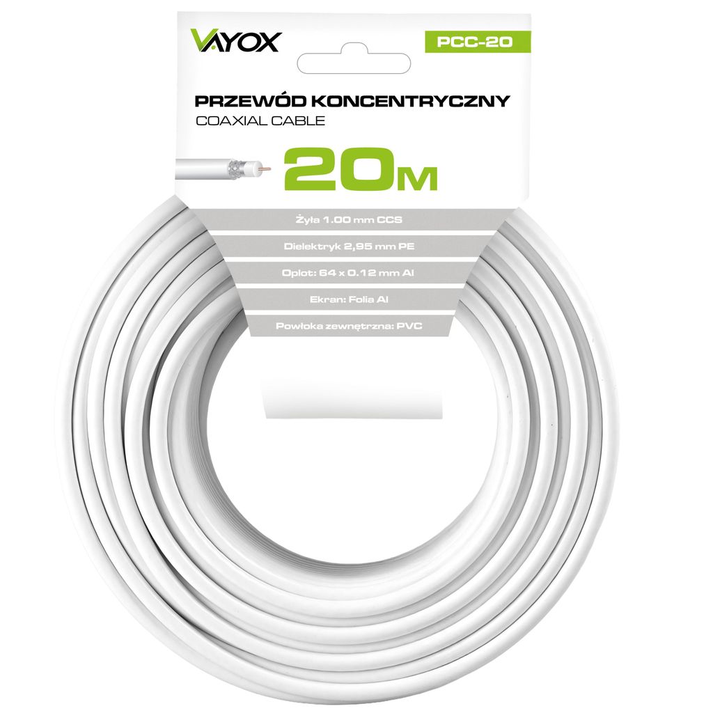 Vayox Kabel Koncentryczny RG6U PCC-20 | 20m | Biały Zdjęcie produktu 