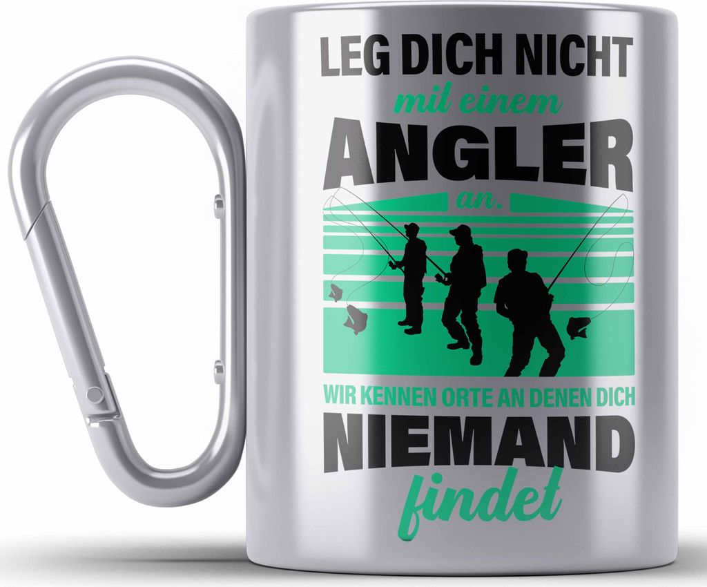 Trendation - Angler Edelstahl Tasse Karabiner Geschenk für Männer Spruch Lustig für Fischer Geschenkidee Angeln Becher (Silber)