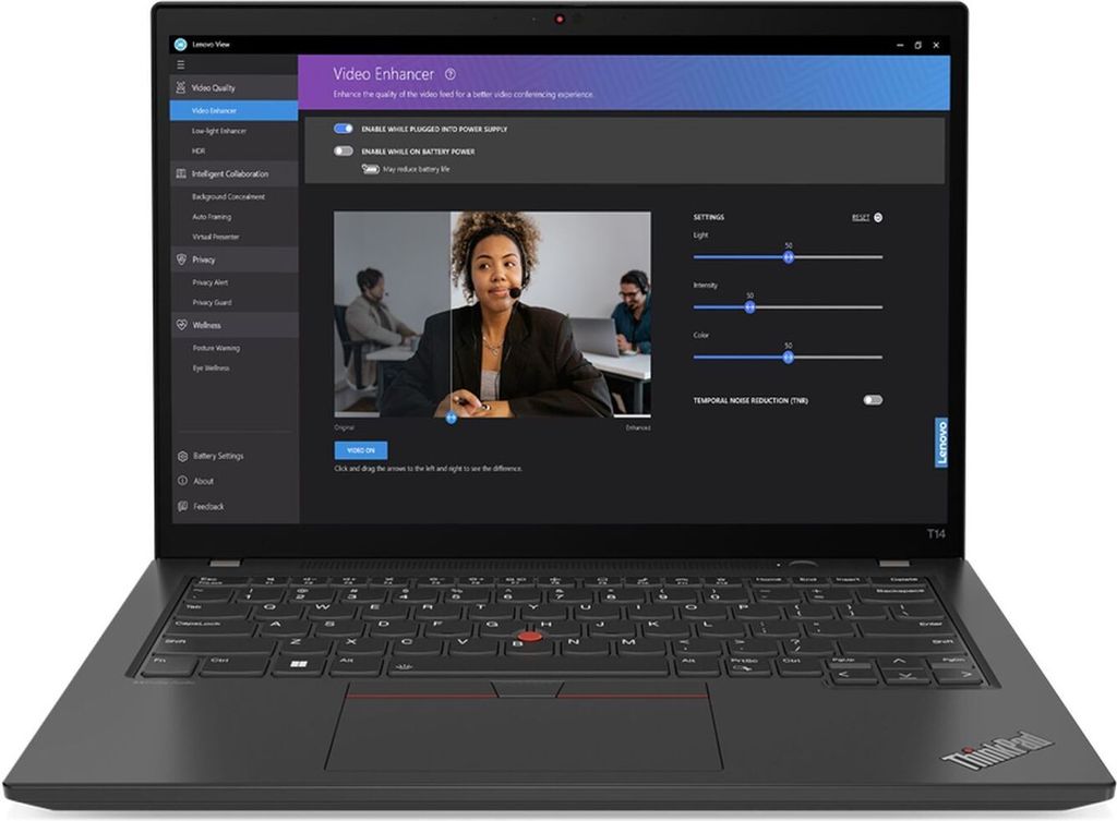A laptop screen displaying a video enhancement software interface with a video call in progress.