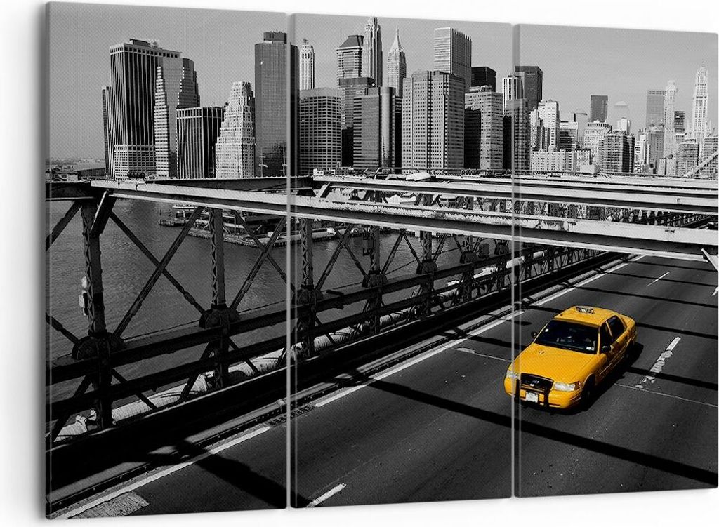 Bild auf Leinwand - Leinwandbild - New York Manhattan Brooklyn Brücke Taxi - 105x70cm - Wand Bild - Wanddeko - Leinwanddruck - Bilder - Kunstdruck...