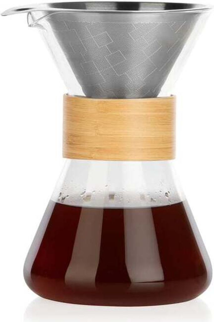 BEEM POUR OVER Kaffeekaraffe 0,7 L Bambus- & Glas-Design Robustes Borosilikatglas Edelstahl-Permanentfilter tropfenfreies Einschenken Bis zu 6 Tassen