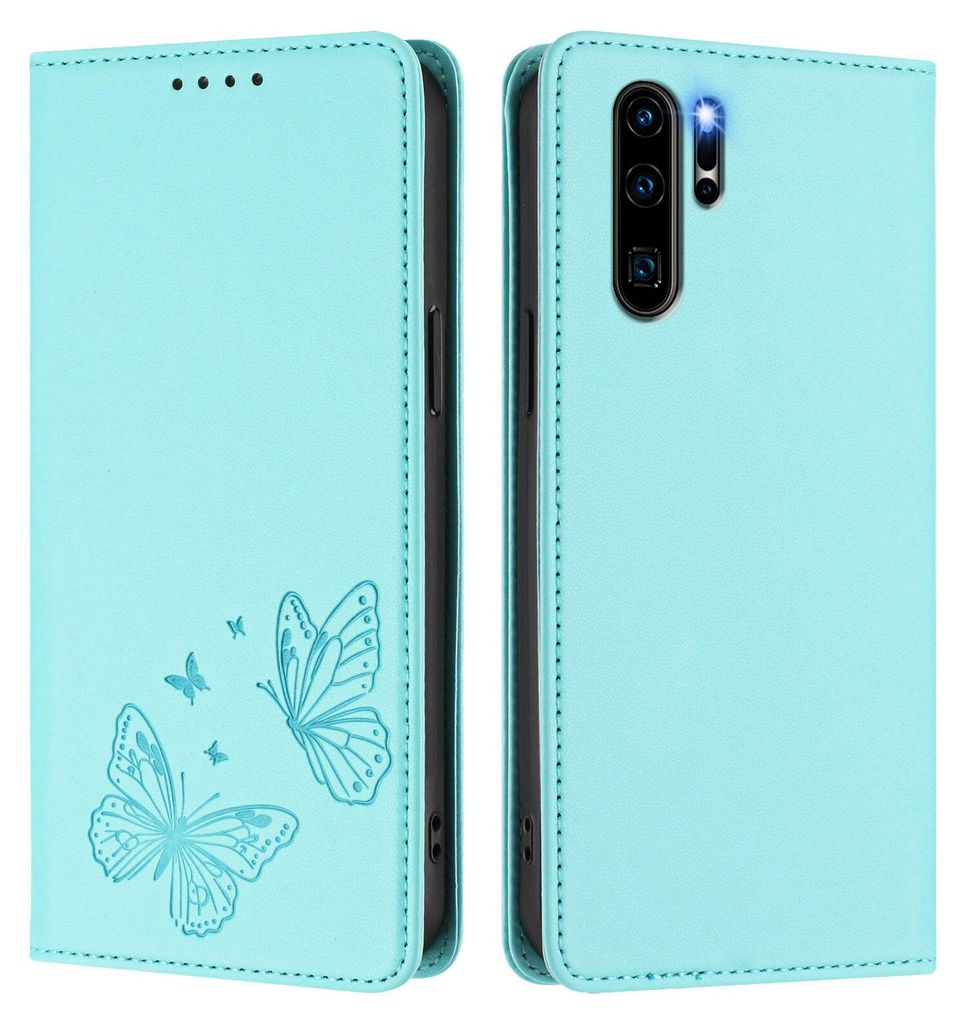 Lederhülle für Huawei P30 Pro, Schmetterling Prägung Leder Brieftasche Schutzhülle mit Ständer Türkis