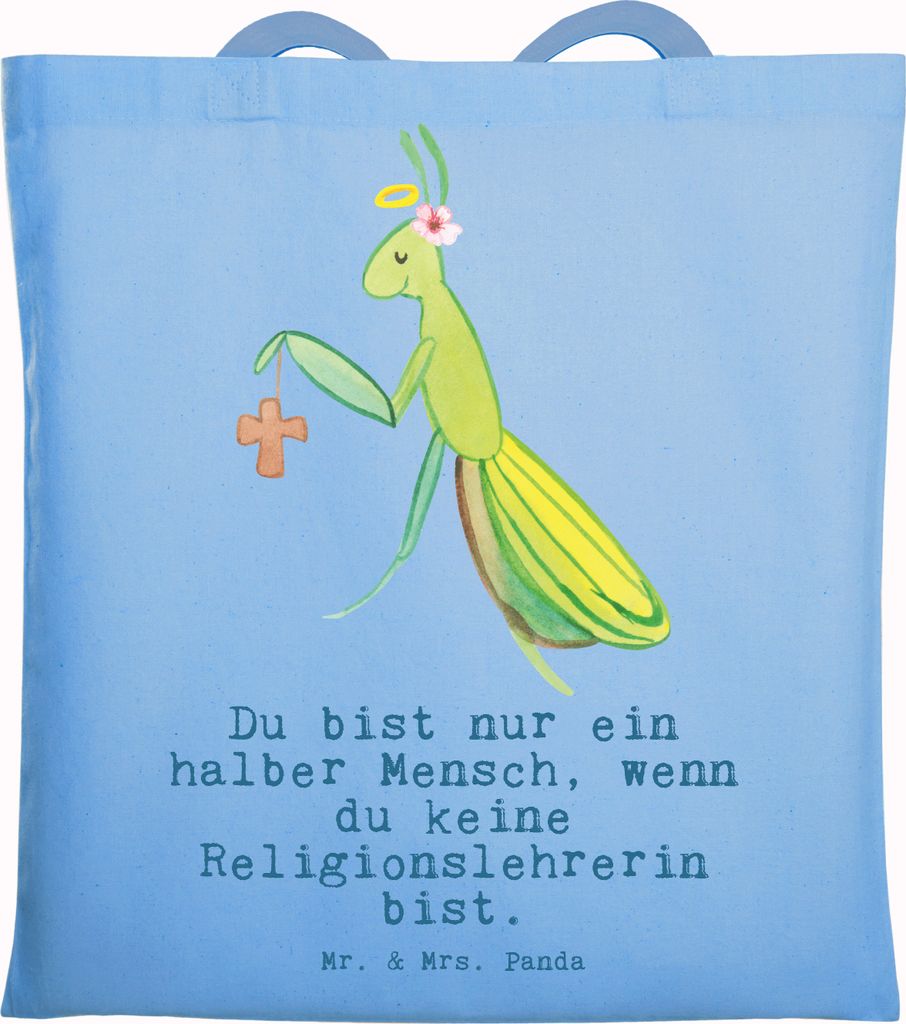 Mr. & Mrs. Panda Jutebeutel Religionslehrerin Herz - Sky Blue - Geschenk, Jutetasche, Grundschule, Witzig, Lustig, Tasche, Shopping, Schultasche, S...