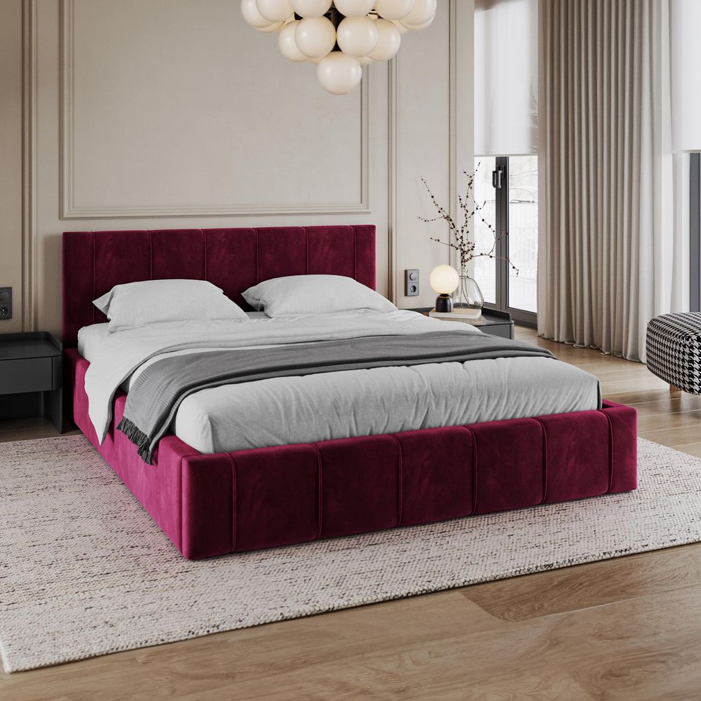 FDM Bett FLORIDA Paris 120x200 cm Polsterbett mit Lattenrost aus Metall Bettkasten Stauraumbett Samt wine