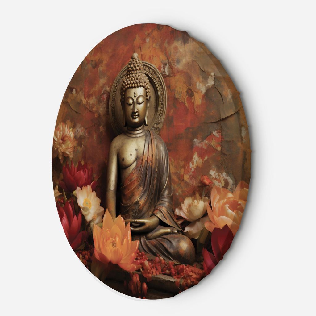 Leinwandbild rund Meditierender Buddha und bunte Blumen 60x60 Feeby Orange bild für die wand bereit zum aufhängen