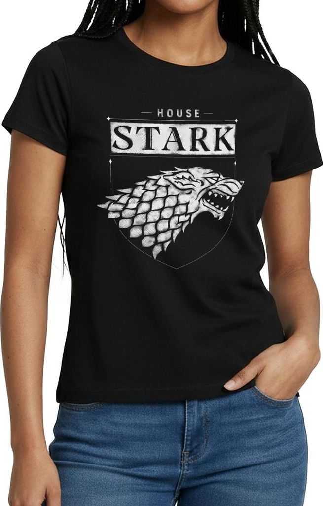 Spreadshirt Game Of Thrones Haus Stark Wappen Schattenwolf Frauen T-Shirt, XL, Schwarz