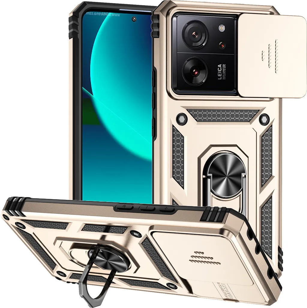 Custodia per Xiaomi 13T /13T Pro / Redmi K60 Ultra a doppio strato con copertura scorrevole della fotocamera e supporto ad anello Oro