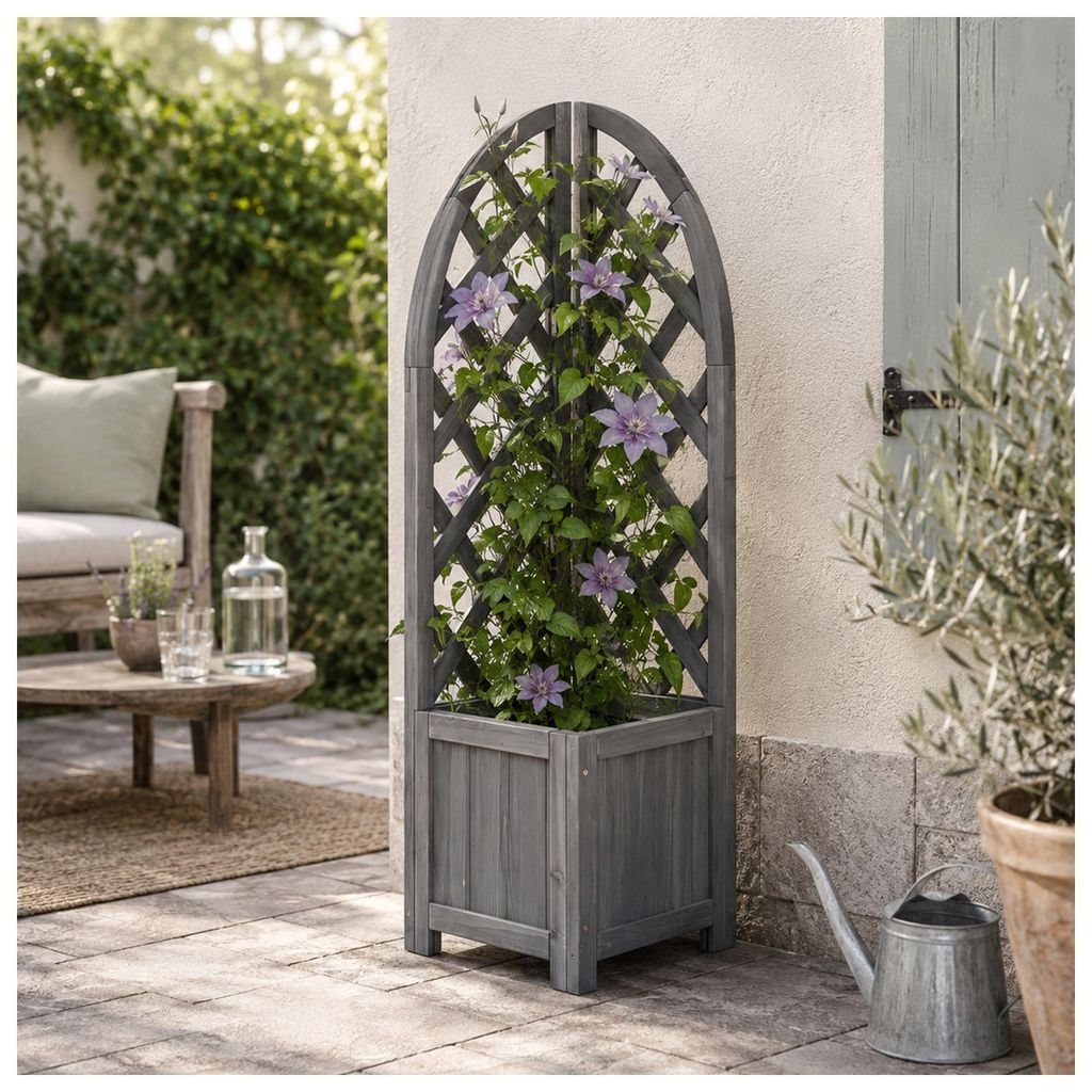 Pflanzkasten mit Rankgitter aus Holz Blaugrau Blumenkasten Produktbild 