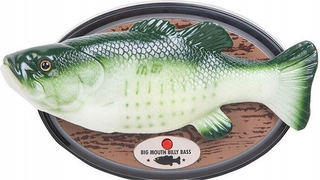 A singing fish toy mounted on a wooden plaque.
