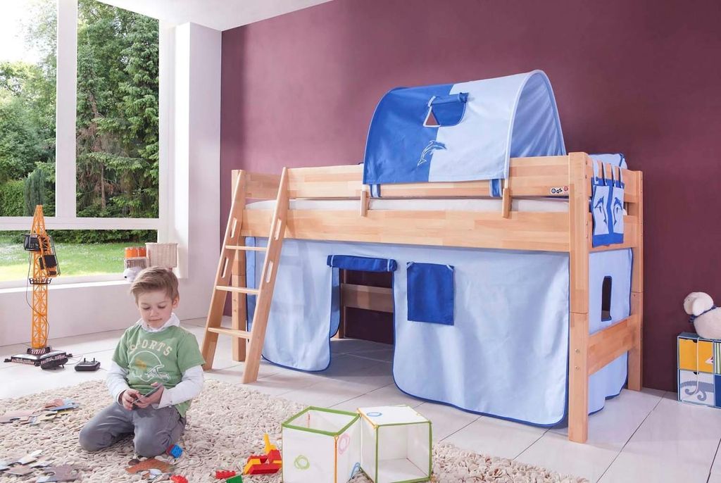 Halbhohes Einzelbett Kim Buche massiv lackiert 90x200 cm mit Textilset