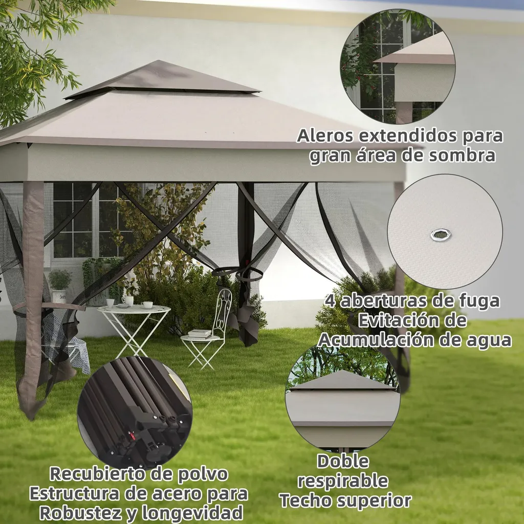 Tente de réception pliante 3,3x3,3 m grise avec moustiquaire intégrée - 6