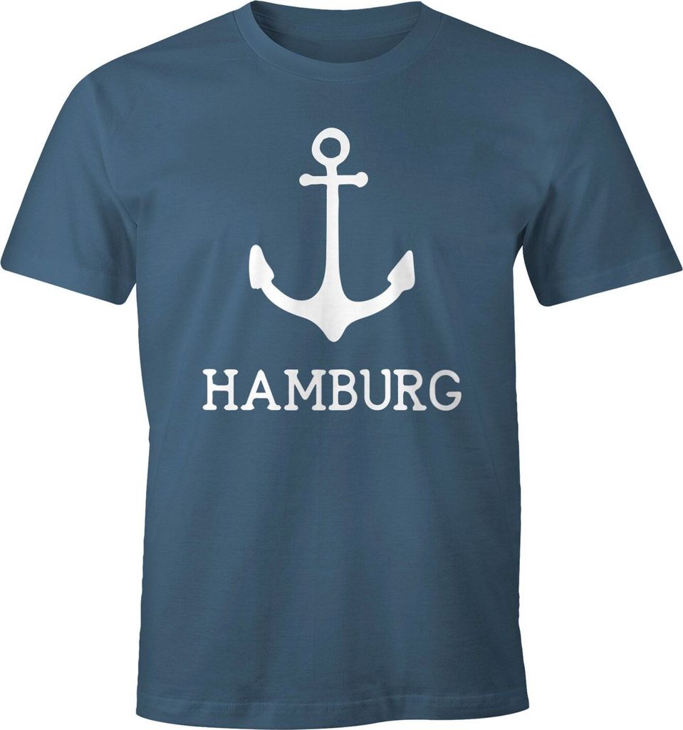 Herren T-Shirt mit Anker Aufdruck Hamburg Moonworks denim M