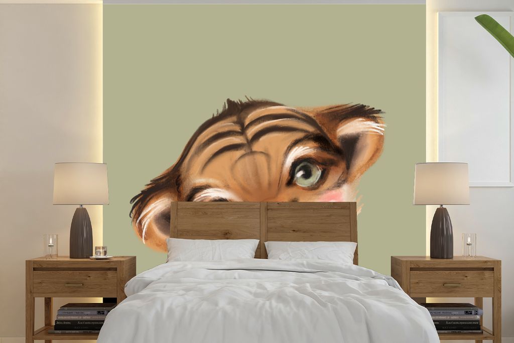 MuchoWow Fototapete für Wohnzimmer oder Schlafzimmer Wandtapete Vinyl Motivtapete Tiger - Grün - Dschungel - 220x220 cm - Tapeten