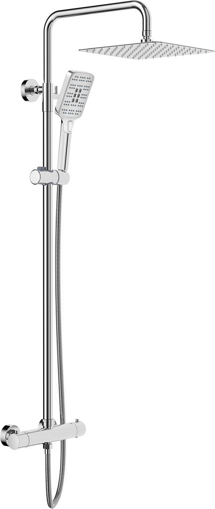 Rainsworth Duschsystem mit Thermostat, 25cm Edelstahl Quadratische Regendusche, 3 Strahlarten Duschkopf, 92-126 cm Dusche Set, Chrom