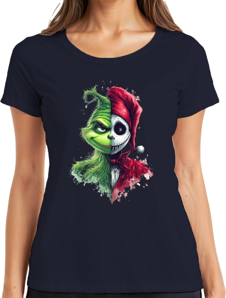 Grinch Jack Skellington Weihnachten Totenkopf Geschenk Horror Damen T-Shirt, Navy, XXL