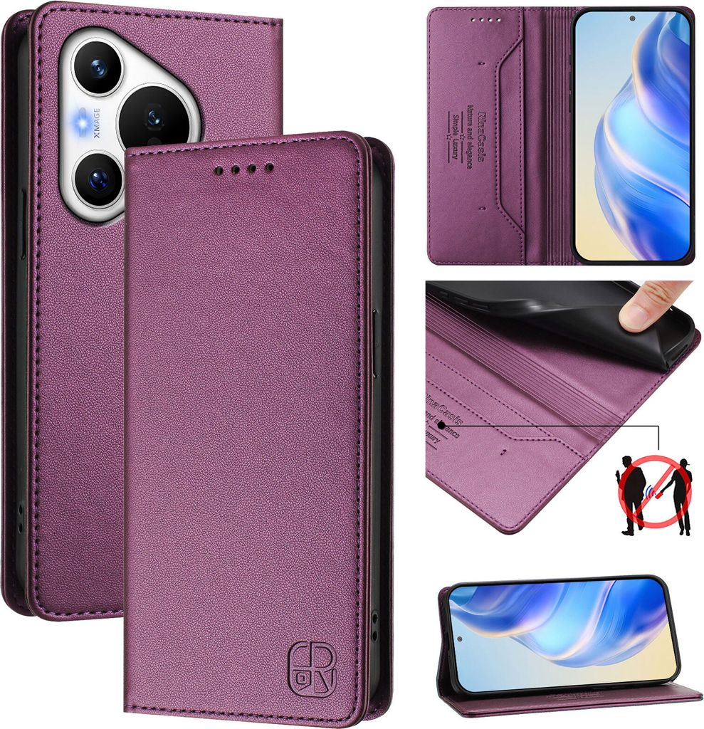 Lederhülle für Huawei Pura 70 Hülle Flip Brieftasche Kartenfächern Ständer Schutzhülle Lila