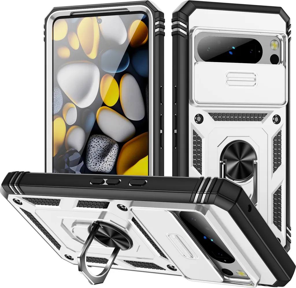 Custodia Bianca Google Pixel 8 con Ring e Slot Carte di Credito