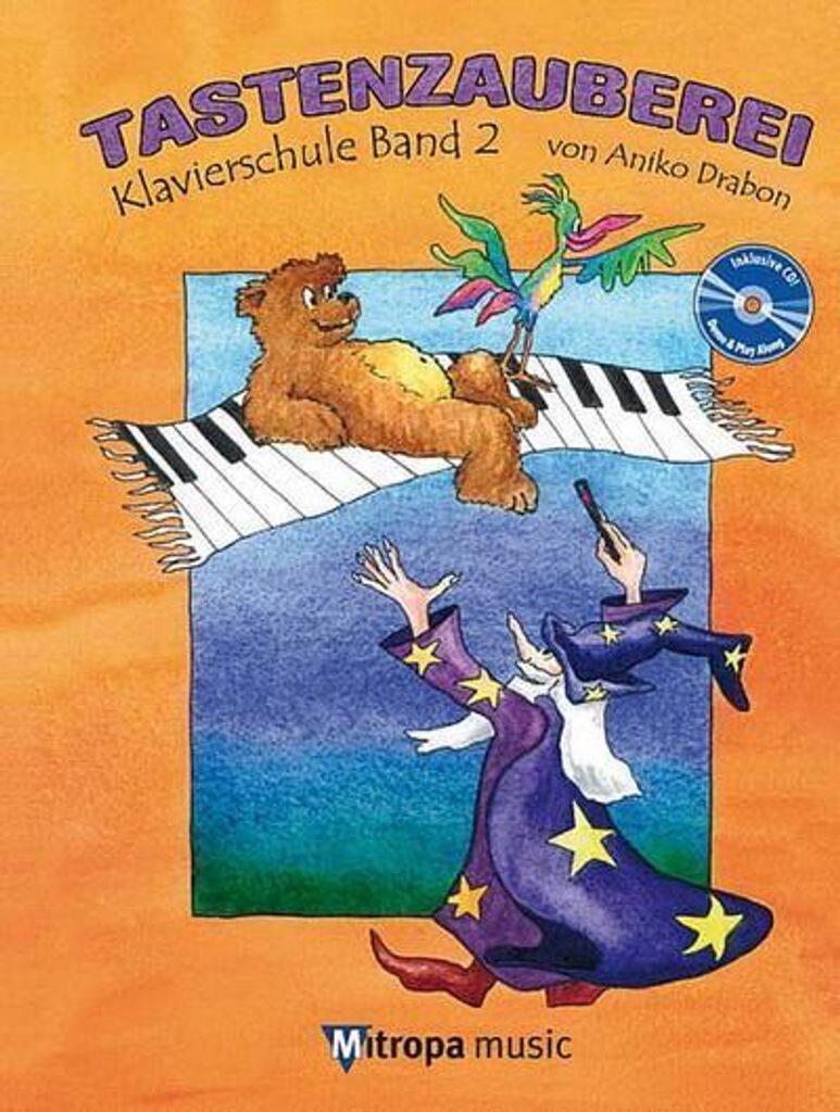 A whimsical illustration for a piano learning book, featuring a bear on a piano keyboard and a wizard.