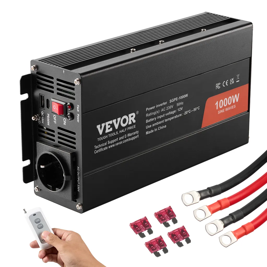 VEVOR Onduleur Pur Sinus 1000W 12V à 230V avec Télécommande et Ports USB