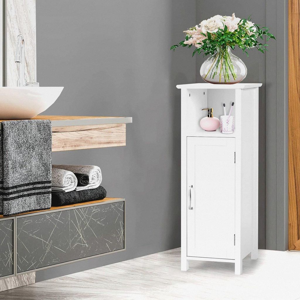Badschrank schmal, Badezimmerschrank mit offener Ablage & Tür, 30 x 30 x 80 cm Badregal aus Holz, platzsparender Aufbewahrungsschrank für Badezim...