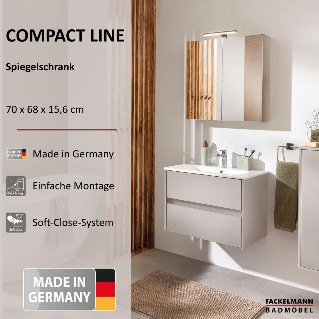 FACKELMANN COMPACT LINE Spiegelschrank 70 cm breit in Grau Modernes Design und praktische Features für Dein Badezimmer