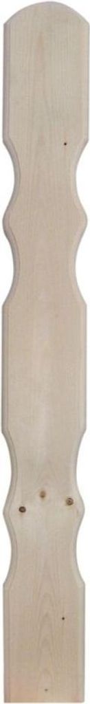 A single wooden plank with decorative curves and three small holes drilled near the bottom.