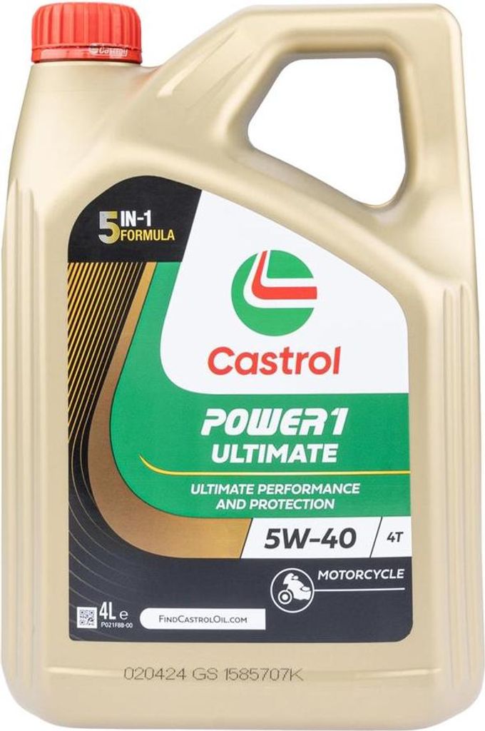 A bottle of Castrol Power 1 Ultimate 4T 5W-40 4 Liter motorcycle oil.