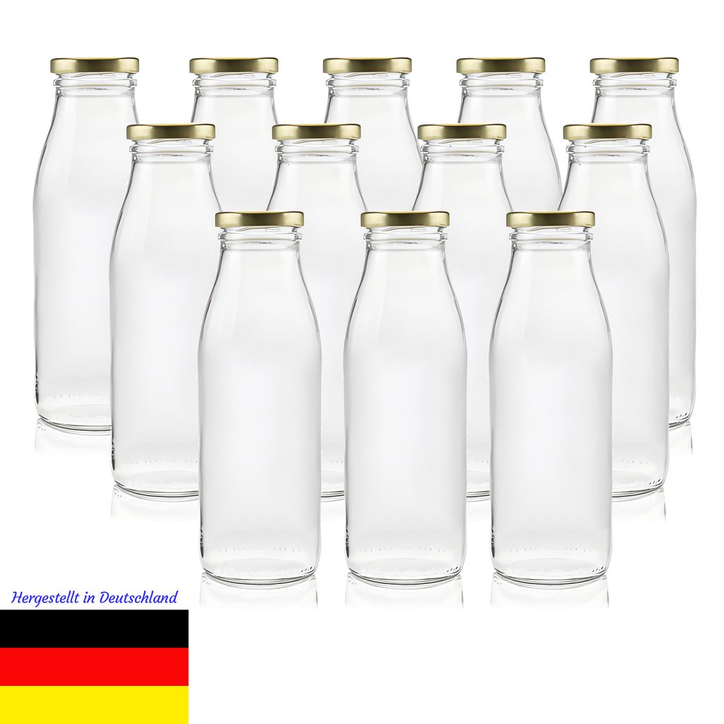 Milchflasche Glas 500ml – 12er Set – Weithalsöffnung 48mm – Wiederverwendbar – Für Säfte, Milch, Kefir, Kombucha – Spülmaschinengeeignet