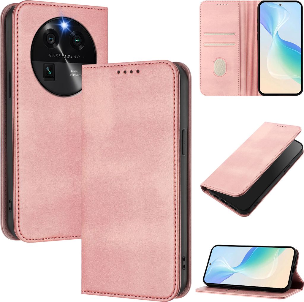 Handyhülle für Oppo Find X6, Vintage Leder RFID Schutz Kartenfach Standfunktion Magnetische Klapphülle Pink