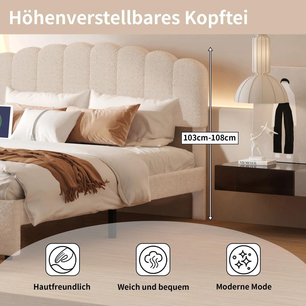 Doppelbett - Bettgestell mit Samtkopfteil - 160×200 cm - Metallrahmen - Lattenrost aus Holz - Mit Stauraum - Ohne Matratze - Beige