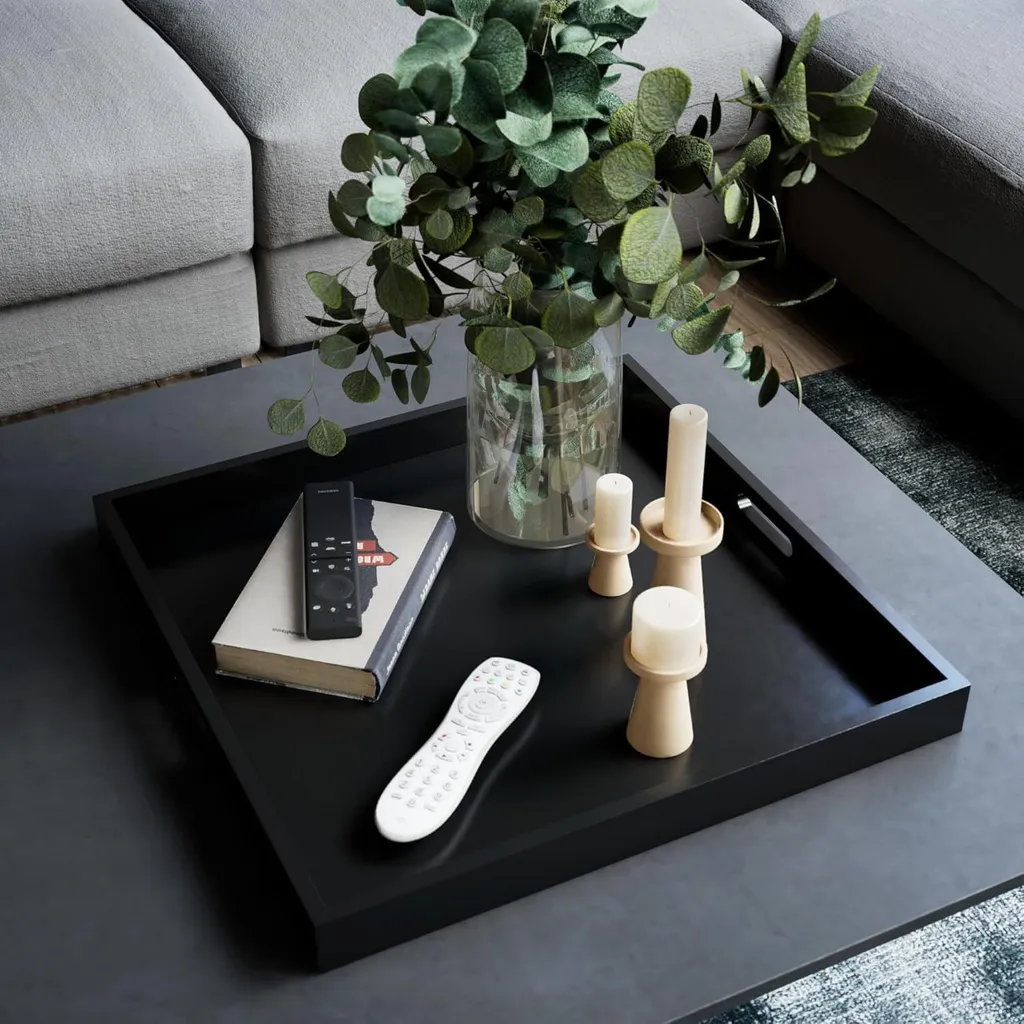 Plateau Carré Extra Large Noir 50,8 cm avec Poignées pour Salon Moderne