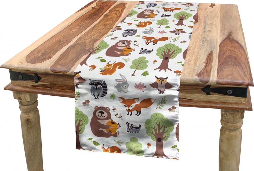 ABAKUHAUS Wald Tischläufer, Doodle Waldtiere, Esszimmer Küche Rechteckiger Dekorativer Tischläufer, 40 x 225 cm, Mehrfarbig